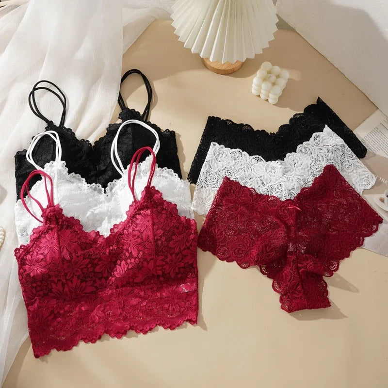 Women’s Wireless Lace Bra & Panty Set Padded Seamless Comfort Lingerie Set Breathable Everyday Underwear Women's Sexy Lace Bra Suit Solid Set Beautiful Back Hollow Out No Steel Ring Underwear With Lace Flower Breathable Panties