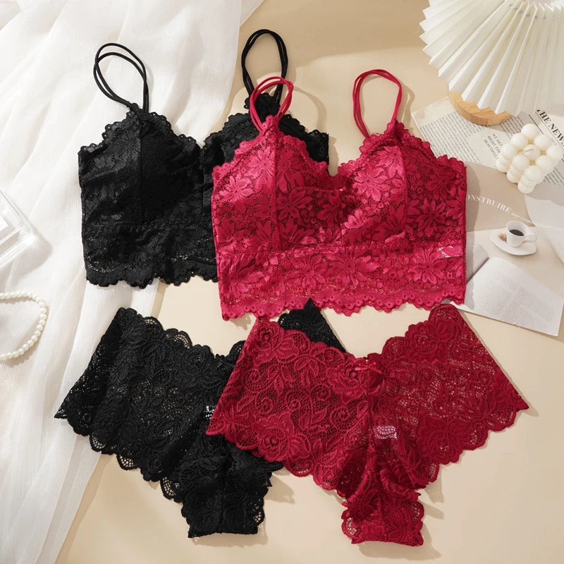 Women’s Wireless Lace Bra & Panty Set Padded Seamless Comfort Lingerie Set Breathable Everyday Underwear Women's Sexy Lace Bra Suit Solid Set Beautiful Back Hollow Out No Steel Ring Underwear With Lace Flower Breathable Panties