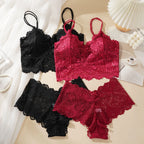 Women’s Wireless Lace Bra & Panty Set Padded Seamless Comfort Lingerie Set Breathable Everyday Underwear Women's Sexy Lace Bra Suit Solid Set Beautiful Back Hollow Out No Steel Ring Underwear With Lace Flower Breathable Panties