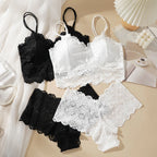 Women’s Wireless Lace Bra & Panty Set Padded Seamless Comfort Lingerie Set Breathable Everyday Underwear Women's Sexy Lace Bra Suit Solid Set Beautiful Back Hollow Out No Steel Ring Underwear With Lace Flower Breathable Panties