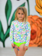 Summer Chicken Print Girls Long Sleeve Swim Set