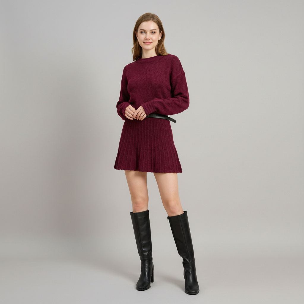 Round Neck Knit Pullover & Mini Skirt Set