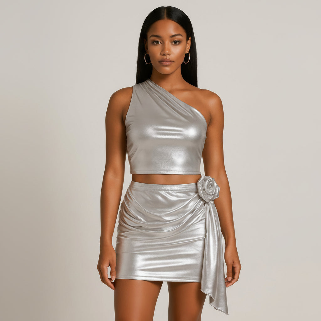 Metallic One-Shoulder Crop & Mini Set