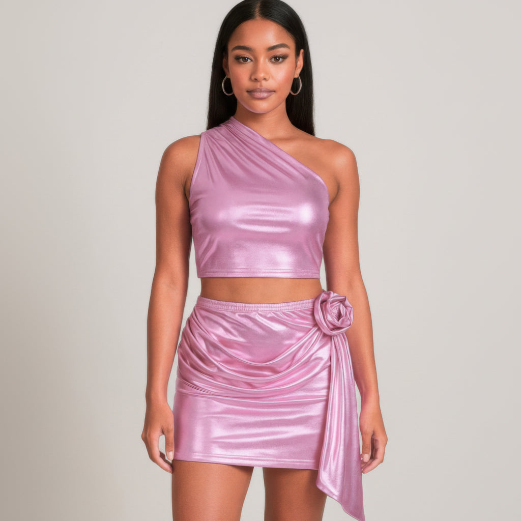 Metallic One-Shoulder Crop & Mini Set