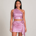 Metallic One-Shoulder Crop & Mini Set