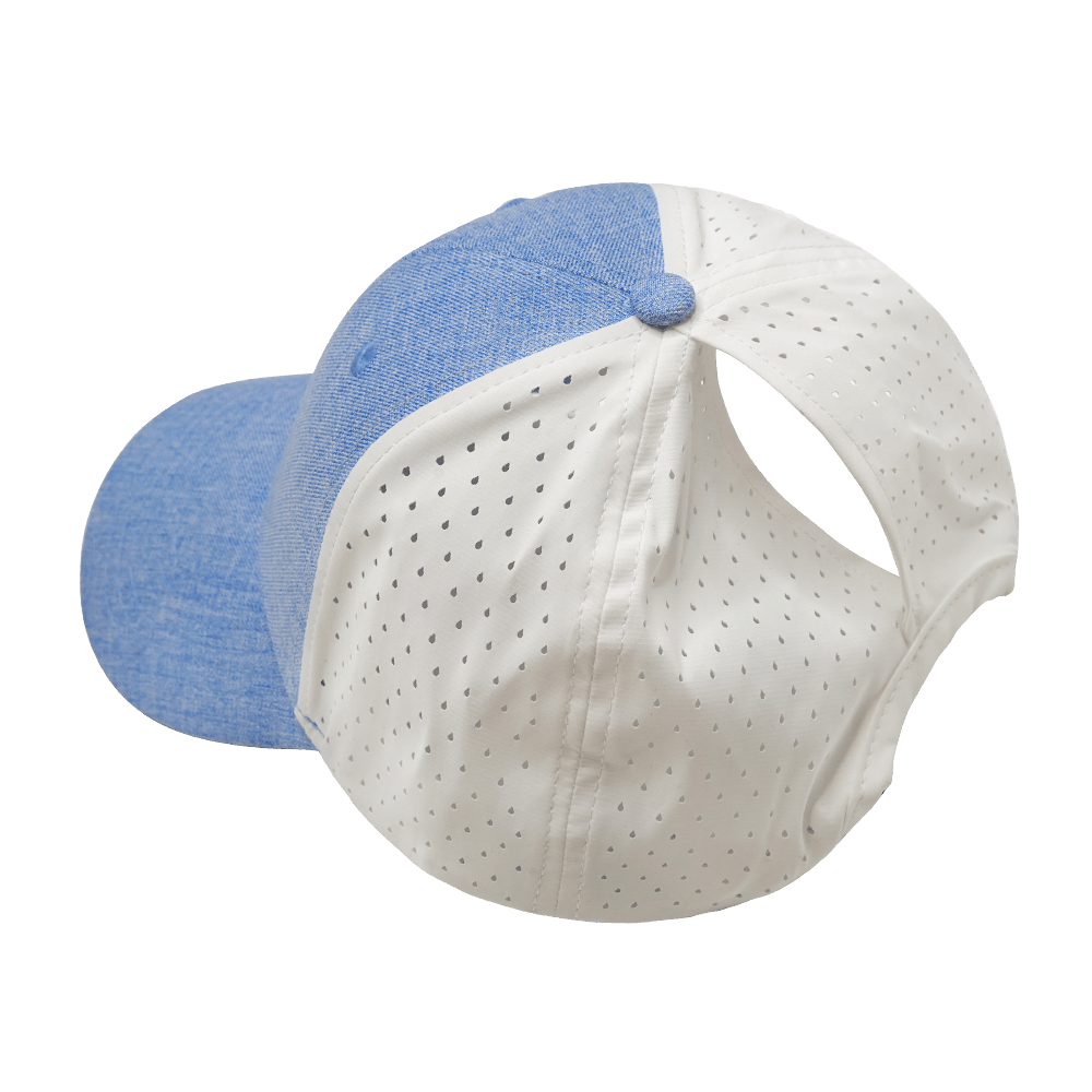 Blank - 6 Panel  - Shallow Fit - Pony Tail - Light Blue / White (Unisex) - Laser Mesh