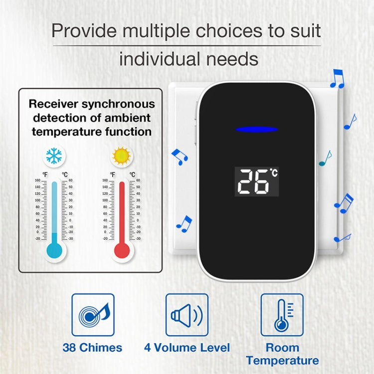 C302B One to One Home Wireless Doorbell Temperature Digital Display Remote Control Elderly Pager, UK Plug(White)