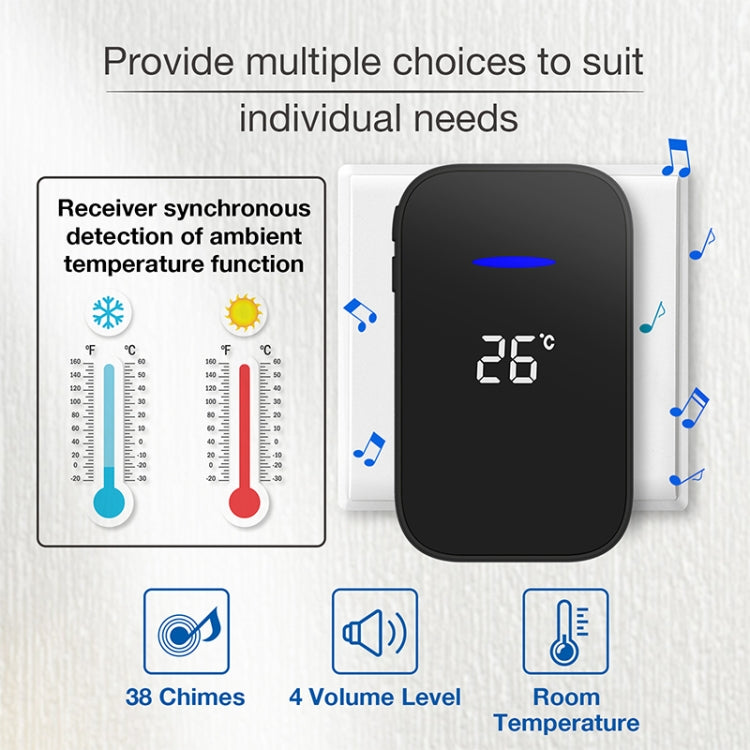 C302B One to Two Home Wireless Doorbell Temperature Digital Display Remote Control Elderly Pager, EU Plug(Black)