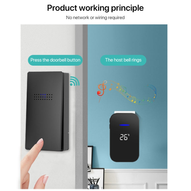 C302B One to Two Home Wireless Doorbell Temperature Digital Display Remote Control Elderly Pager, UK Plug(Black)