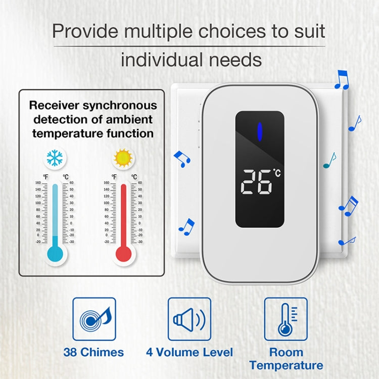 C303B One to One Home Wireless Doorbell Temperature Digital Display Remote Control Elderly Pager, US Plug(White)