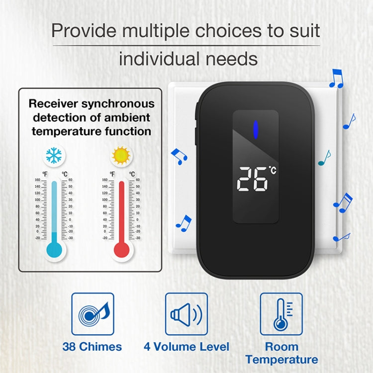 C303B One to One Home Wireless Doorbell Temperature Digital Display Remote Control Elderly Pager, EU Plug(Black)