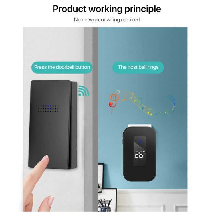 C303B One to Two Home Wireless Doorbell Temperature Digital Display Remote Control Elderly Pager, US Plug(Black)