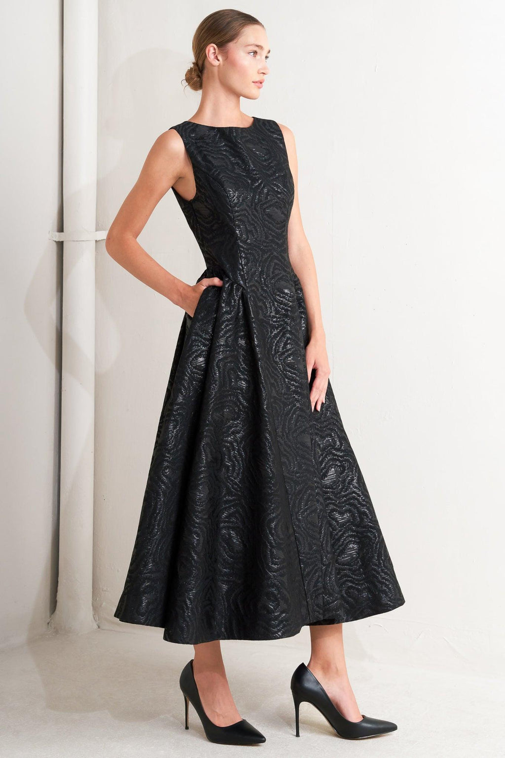 CHECK YOURSELF BLACK WOVEN MIDI DRESS