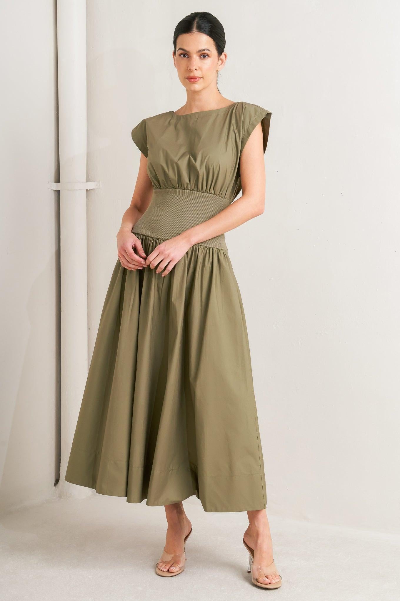 DREAMWEAVER ROMANTIC OLIVE WOVEN MIDI DRESS