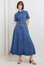 HIDDEN SMILE DENIM MIDI DRESS