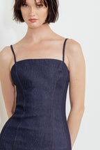 QUIET CURVE DARK DENIM MIDI DRESS