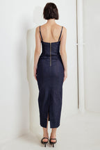QUIET CURVE DARK DENIM MIDI DRESS