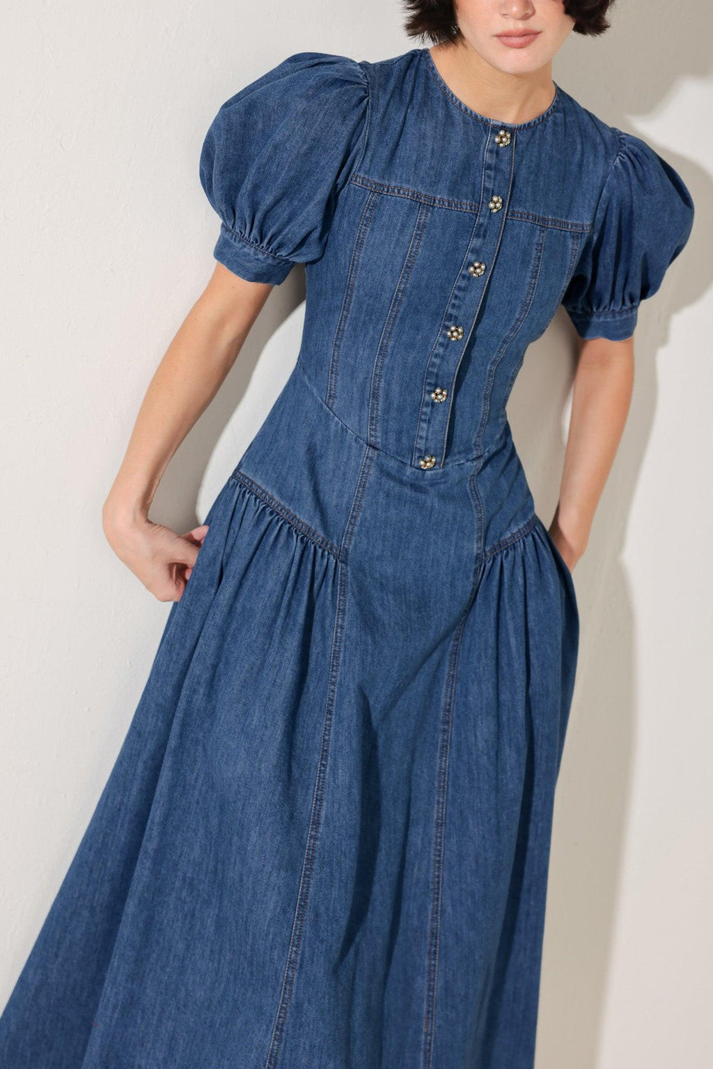 MIDDAY IN BLUE DENIM MIDI DRESS