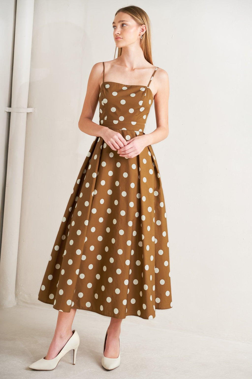 ESPRESSO DOT DREAM WOVEN MIDI DRESS