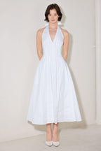 POWDER SKY HALTER WOVEN MIDI DRESS