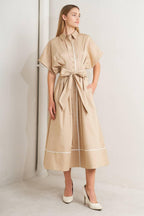 CATCH YOU LATER KHAKI WOVEN MIDI DRESS