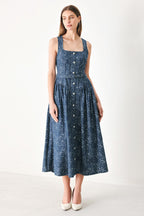 MIDNIGHT GARDEN DENIM MIDI DRESS
