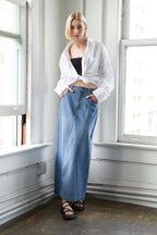 A LEAP OF FAITH MIDI DENIM SKIRT