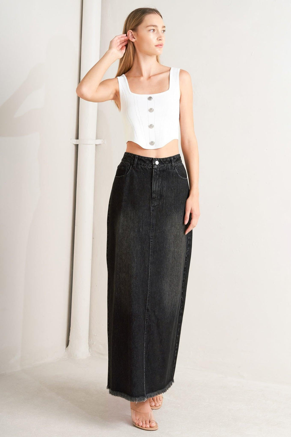 TALK ABOUT BEAUTY DENIM MIDI SKIRT