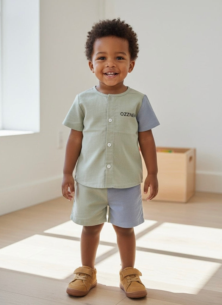 Sage Green Two-Piece Boys Linen Summer Set – Loungewear for Kids