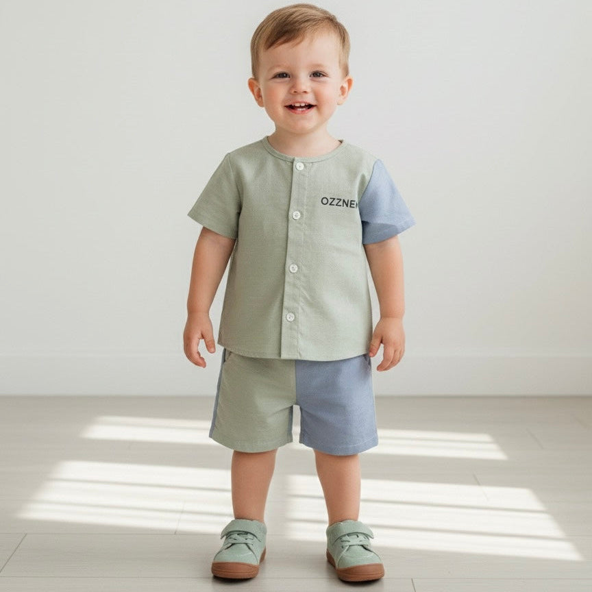 Sage Green Two-Piece Boys Linen Summer Set – Loungewear for Kids