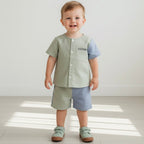 Sage Green Two-Piece Boys Linen Summer Set – Loungewear for Kids