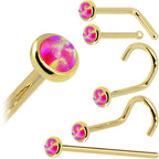 Solid 14K Yellow Gold 2mm Brilliant Pink Synthetic Opal Nose Ring