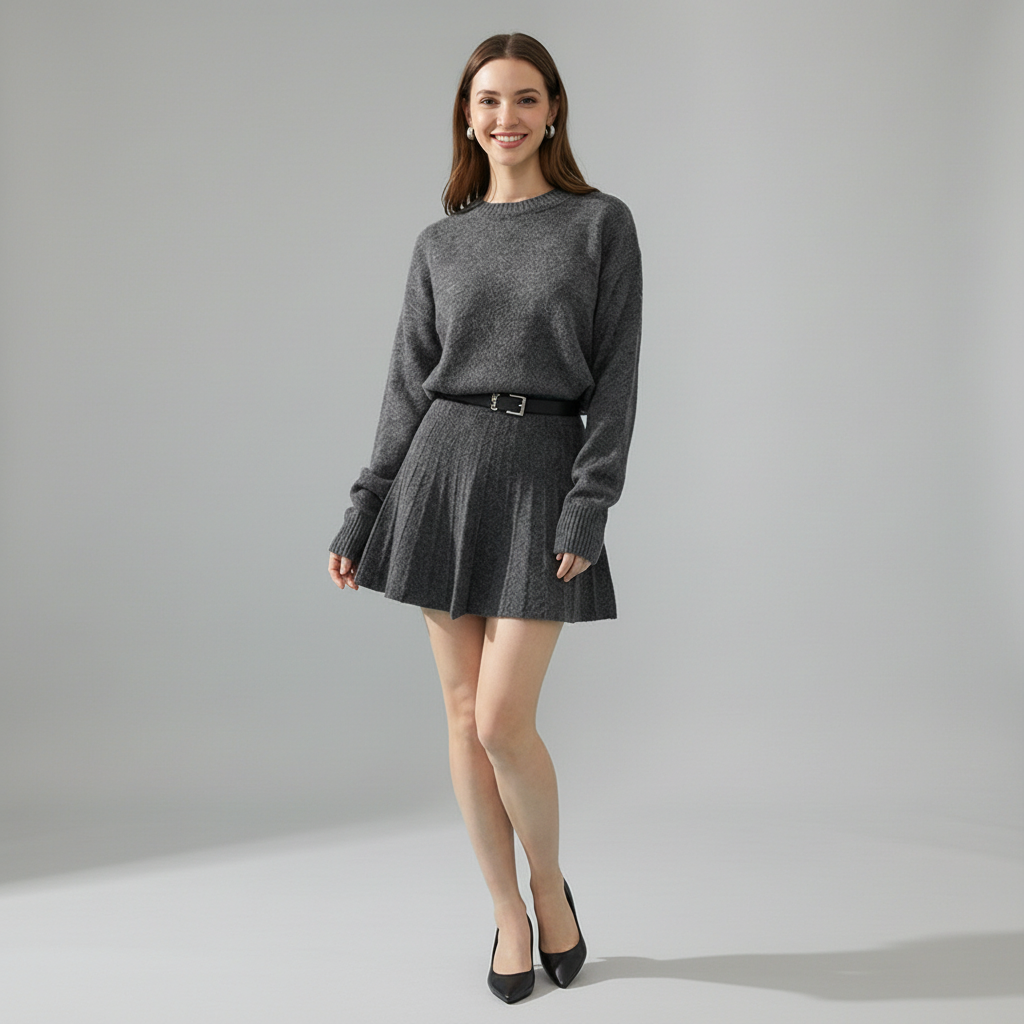 Round Neck Knit Pullover & Mini Skirt Set