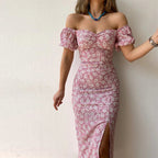 Summer Sexy Floral Printed Slash Neck Slim Fit Dress Women Casual Pack Hip Split Temperament Boho Midi Dresses Clothing