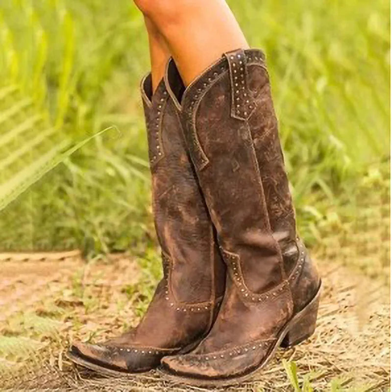Sh10296a Vintage Pointed Toe Western Cowboy Boots Women Low Heel Boots Girl