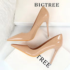 Autumn Patent Leather Concise Women's Shoes Pointed Toe Office High Heels Pumps Women Sexy Party Wedding Shoes Shallow Nude Red
