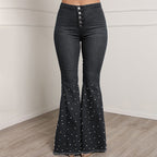 Jeans Pants Skinny Pearl Beaded Black Blue Slim Denim Jeans n B1088