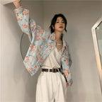 Women Denim Jacket Jeans COTTON Korean Ladylike Spring Autumn Sweet Floral Outerwear Coat Full Turn-down Collar Single Breasted