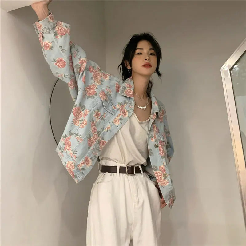 Women Denim Jacket Jeans COTTON Korean Ladylike Spring Autumn Sweet Floral Outerwear Coat Full Turn-down Collar Single Breasted