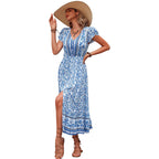 New Summer Bohemian Split Dress Plain v Neck Short Sleeve Casual Ethnic Style Clothing Loose Women Boho Dress