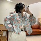 Women Denim Jacket Jeans COTTON Korean Ladylike Spring Autumn Sweet Floral Outerwear Coat Full Turn-down Collar Single Breasted