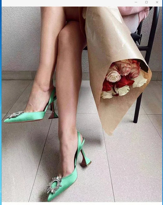 New Fashionable Half Slippers Women's Sandals Fashionable Sparkling Rhinestones Satin Wine Glass Heel Shoes Closed-Toe Slippers