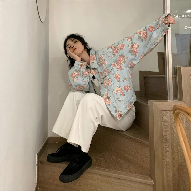 Women Denim Jacket Jeans COTTON Korean Ladylike Spring Autumn Sweet Floral Outerwear Coat Full Turn-down Collar Single Breasted
