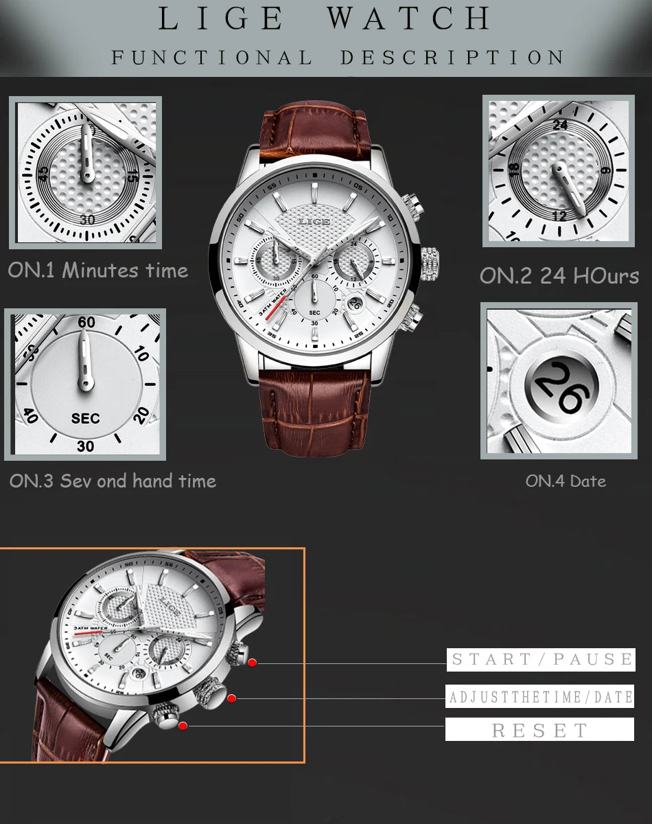 LIGE 2025 Watch Men Fashion Sports Quartz Clocks Mens Watches Top Brand Leather Military Waterproof Date Watch Relogio Masculino