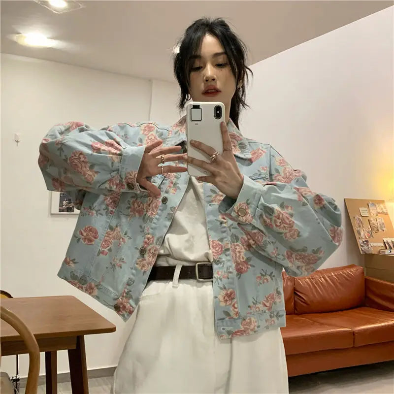 Women Denim Jacket Jeans COTTON Korean Ladylike Spring Autumn Sweet Floral Outerwear Coat Full Turn-down Collar Single Breasted