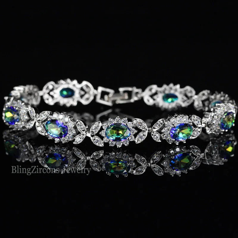 Mystical Rainbow Cubic Zirconia Crystal Flower Silver Plated Bracelet