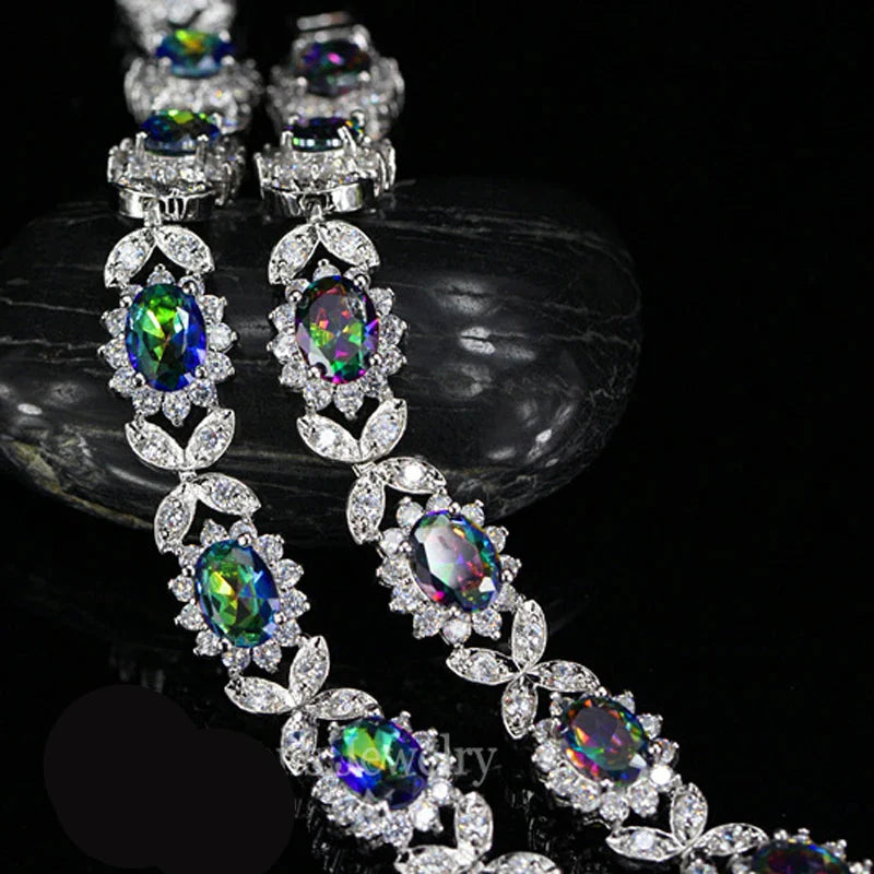 Mystical Rainbow Cubic Zirconia Crystal Flower Silver Plated Bracelet