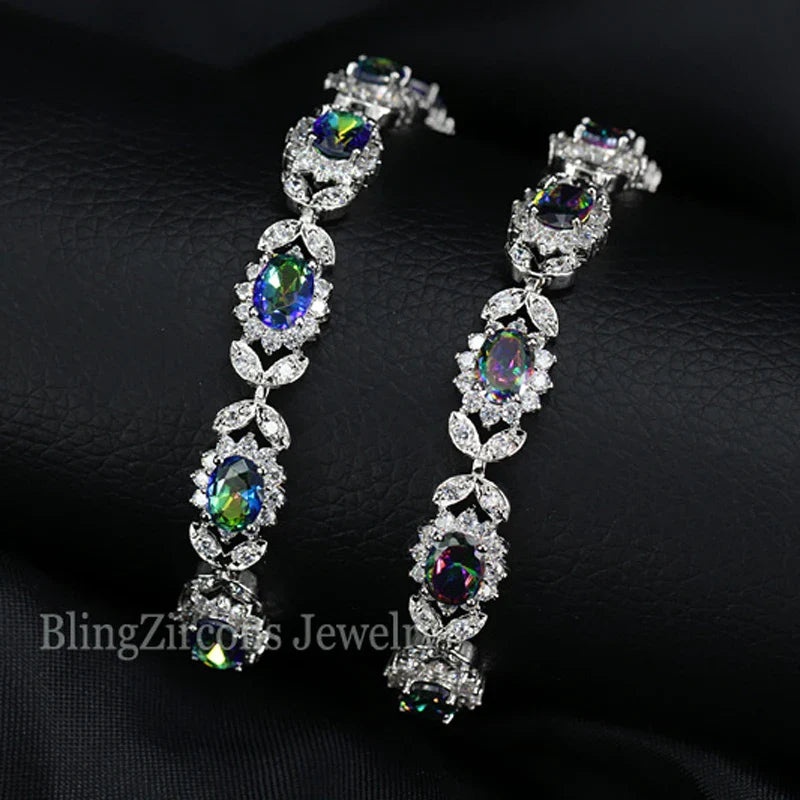 Mystical Rainbow Cubic Zirconia Crystal Flower Silver Plated Bracelet