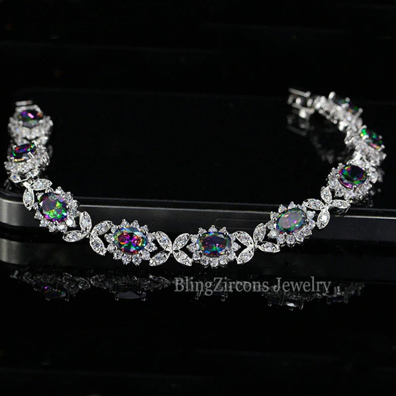 Mystical Rainbow Cubic Zirconia Crystal Flower Silver Plated Bracelet