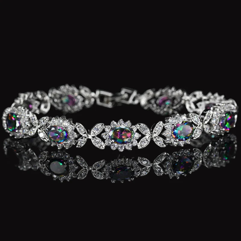 Mystical Rainbow Cubic Zirconia Crystal Flower Silver Plated Bracelet